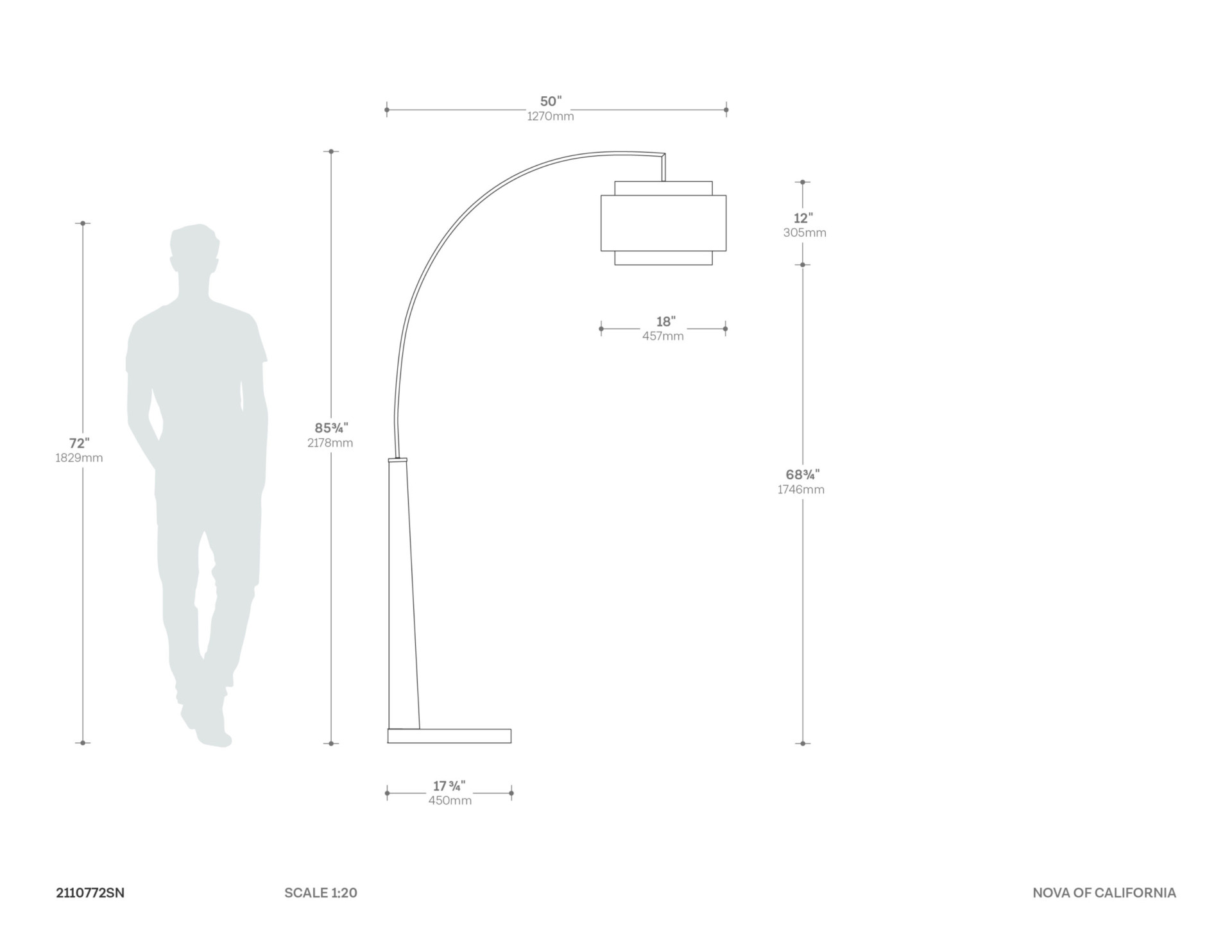 Coronado 1 Light Arc Floor Lamp Dimensions