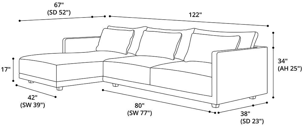 Mantua Left Chaise Sectional Sofa Dimensions