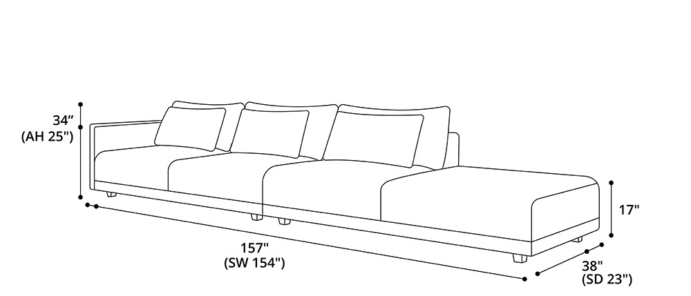 Basel Left Arm Sofa with Right End Unit Dimensions