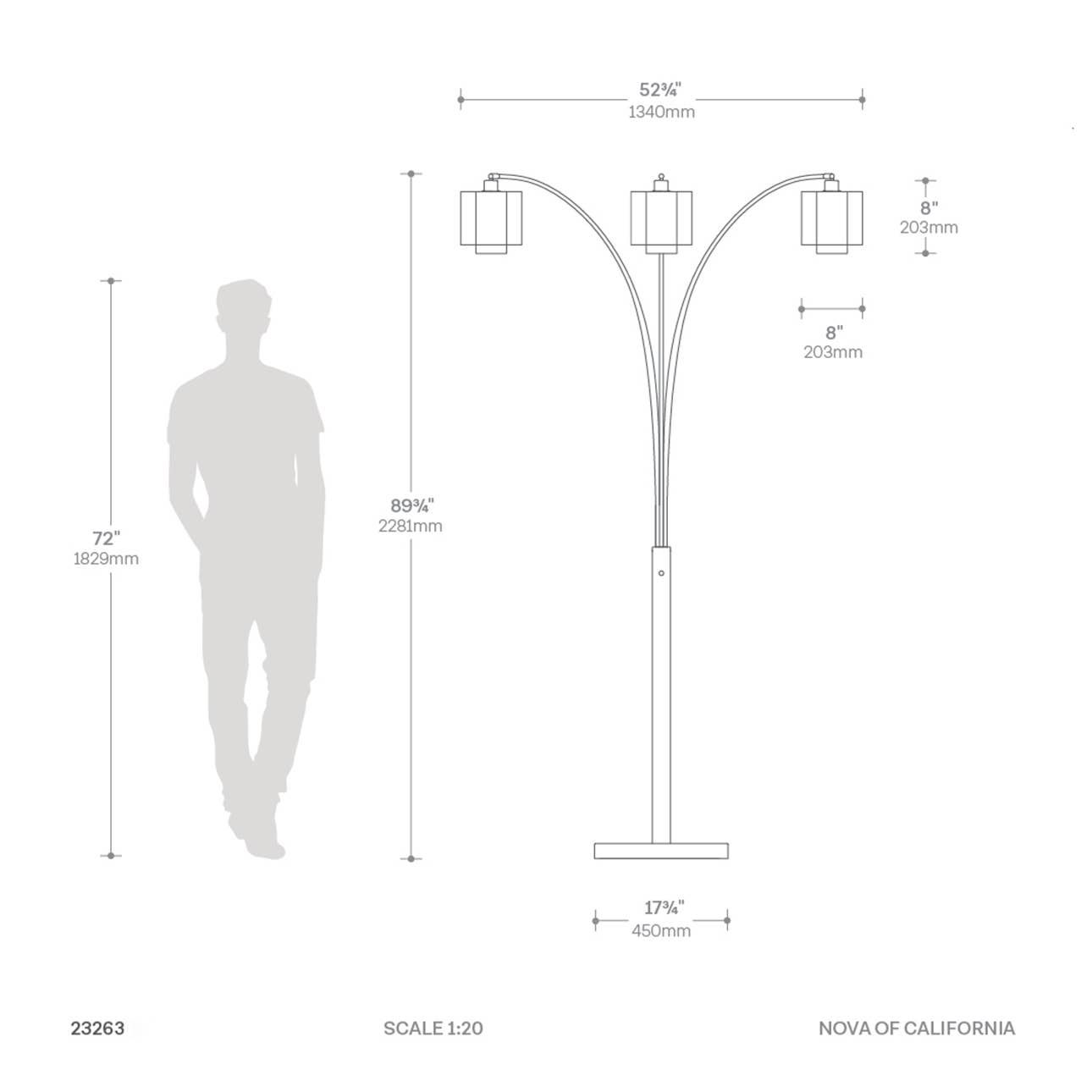 Marilyn 3 Light Arc Floor Lamp Dimensions