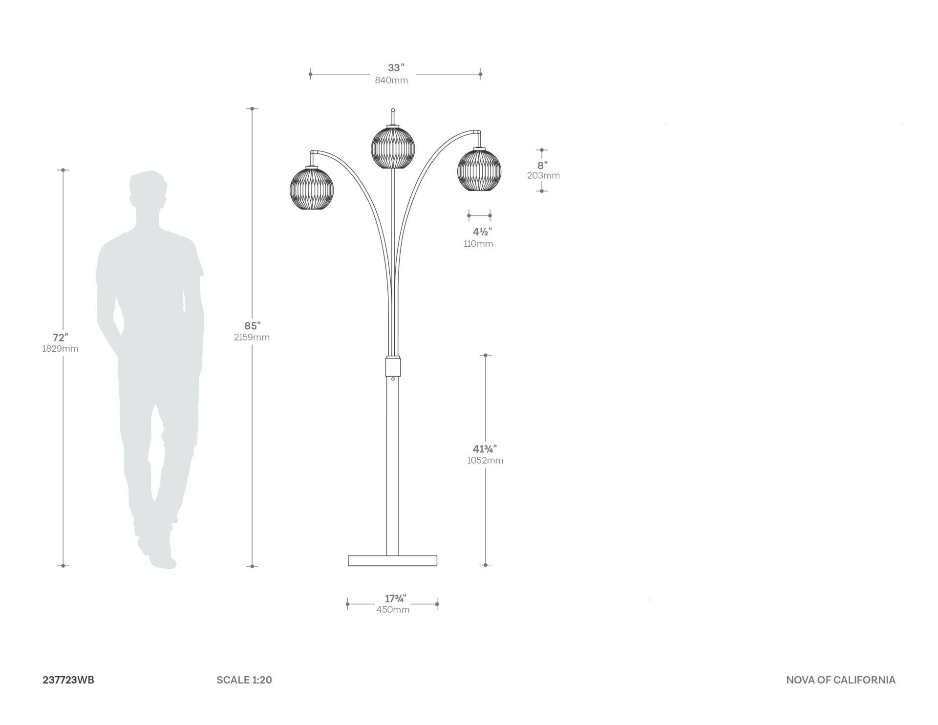 Moraga 3 Light Arc Floor Lamp Dimensions