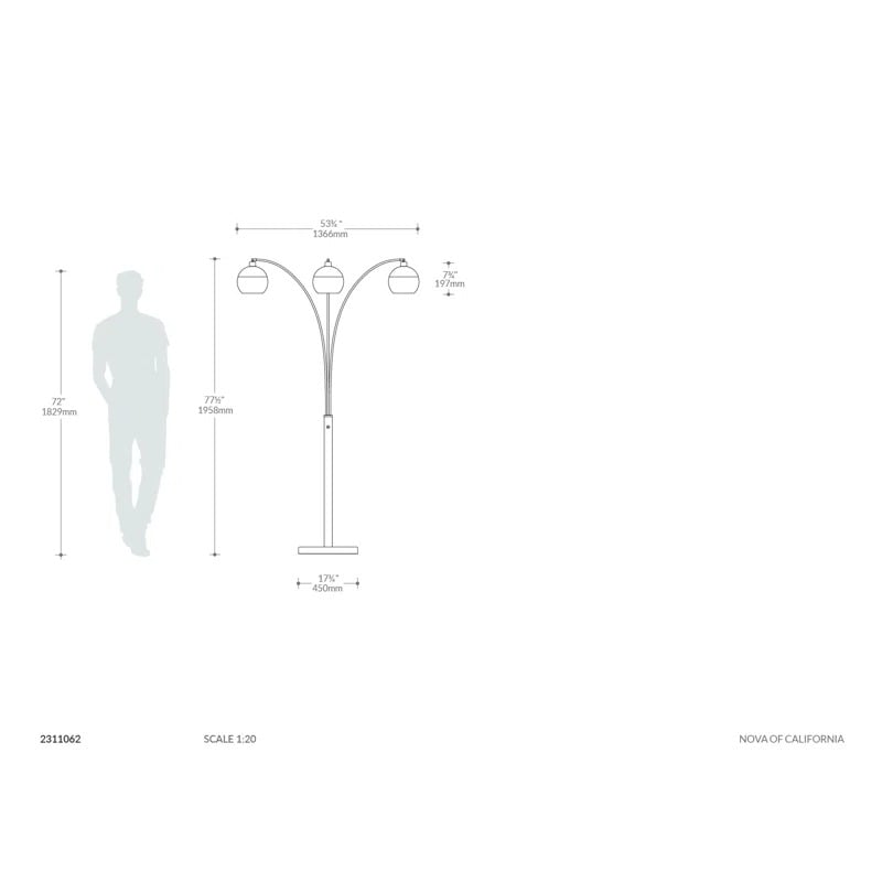 Orson 3 Light Arc Floor Lamp Dimensions