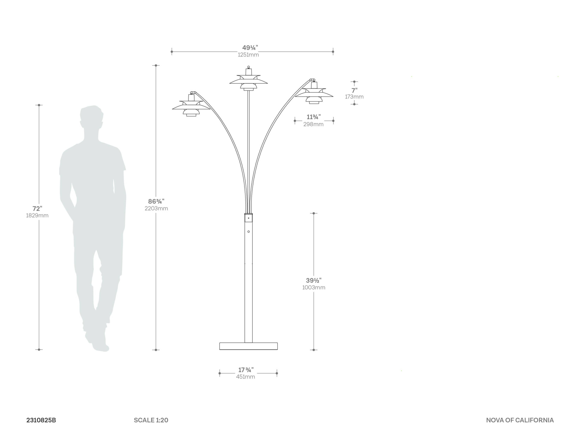 Palm Springs 3 Light Arc Floor Lamp Dimensions