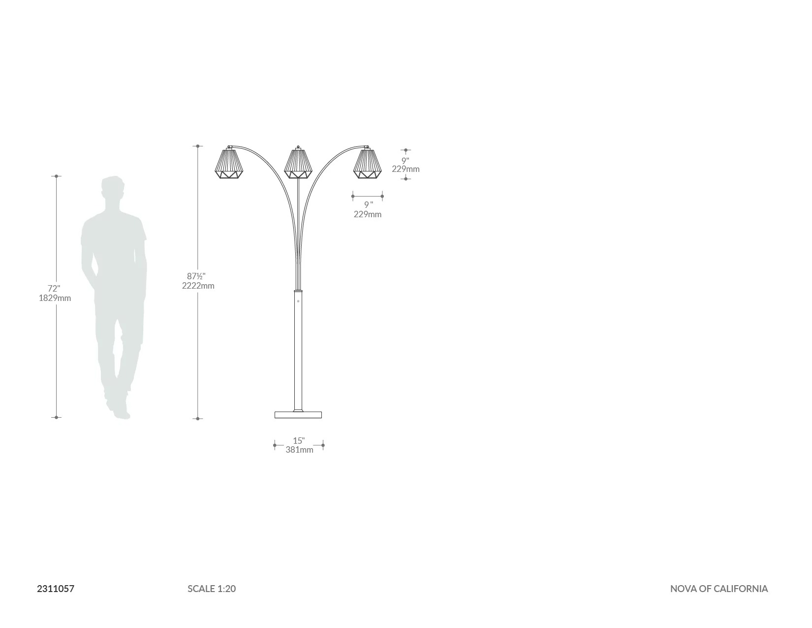Polygon 3 Light Arc Floor Lamp Dimensions