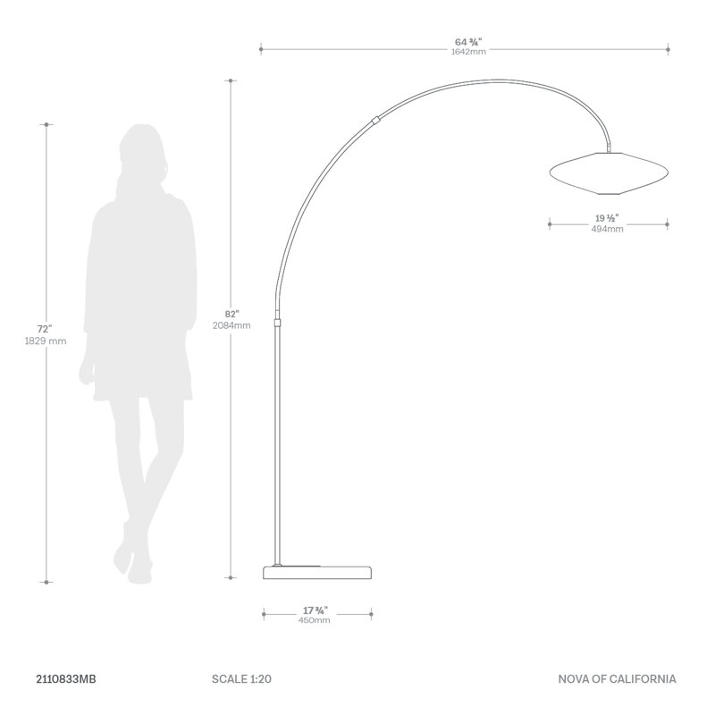 Roswell 1 Light Arc Floor Lamp Dimensions