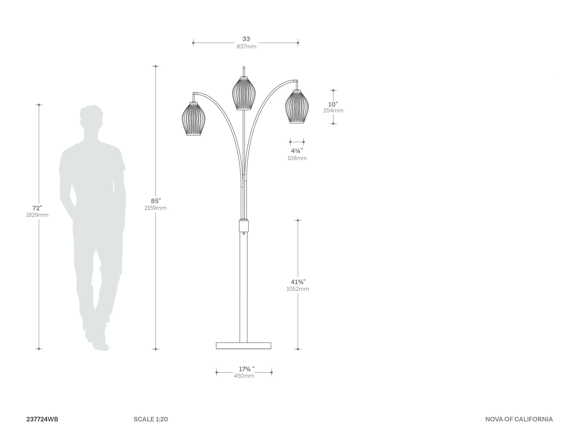 Santa Clara Bone Porcelain 3 Light Arc Floor Lamp Dimensions