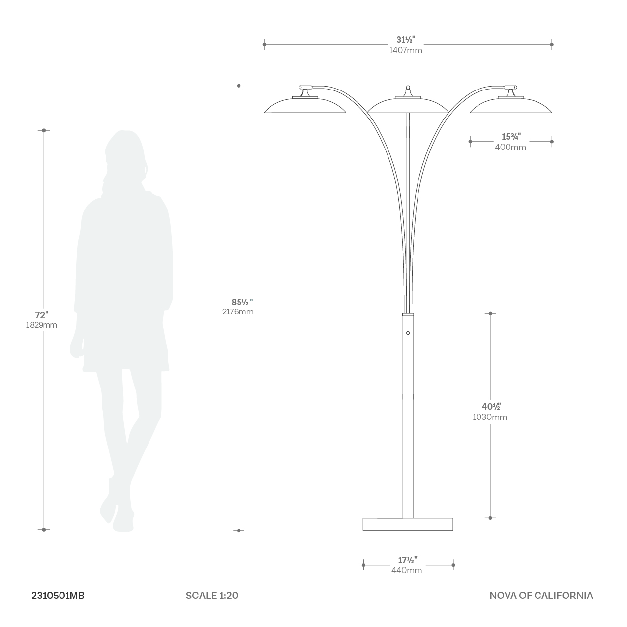 Saucer 3 Light Arc Floor Lamp Dimensions