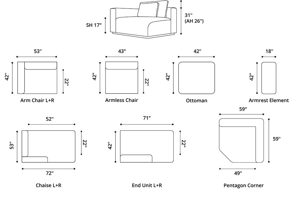 Sienna Modular Right Chaise Dimensions