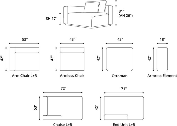 Spruce Modular Right Armchair Dimensions