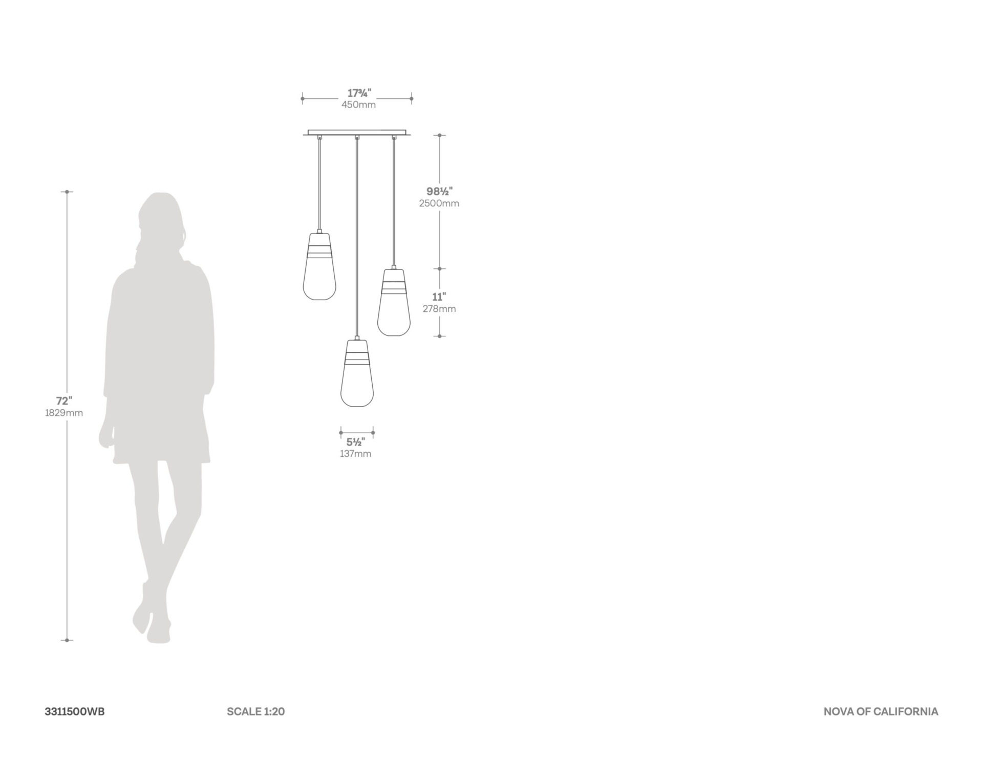 Sunset 3 Light Pendant Lamp Dimensions