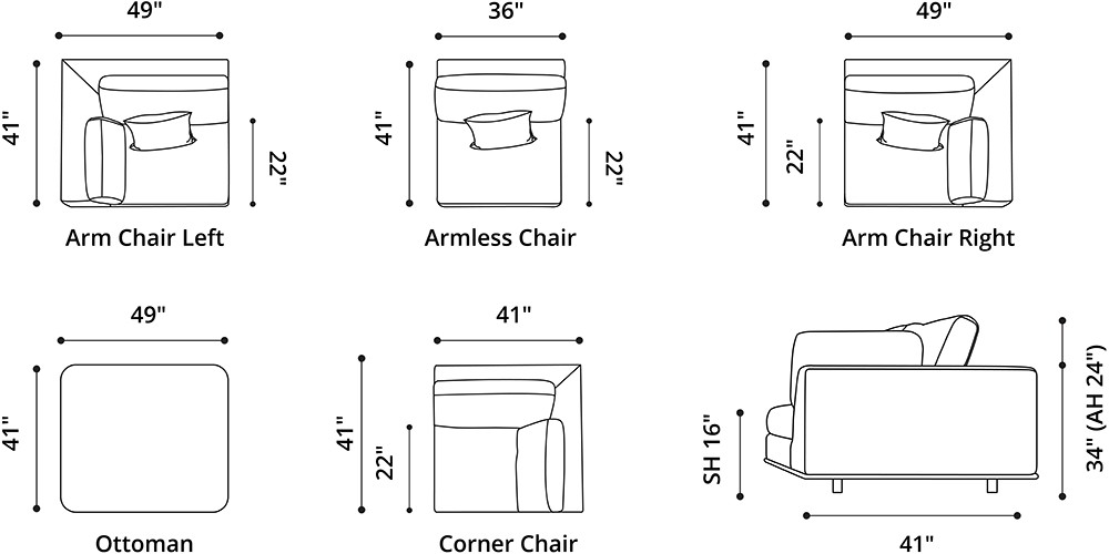  Vera Modular Right Armchair Dimensions