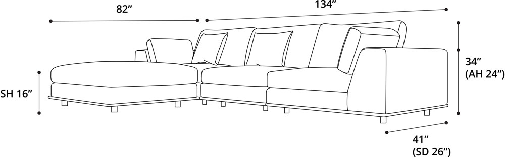 Vera Sectional 3 Seat Sofa with Ottoman Dimensions