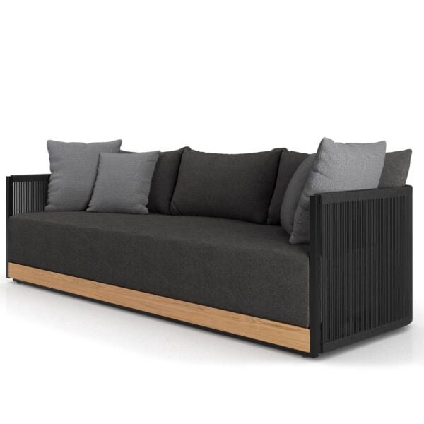 Cushions in Peppercorn Fabric, Body in Black Cord, Accent Pillows in Mink Gray, Structure in Black Steel