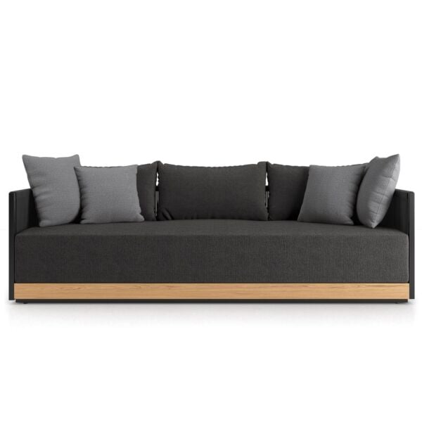 Cushions in Peppercorn Fabric, Body in Black Cord, Accent Pillows in Mink Gray, Structure in Black Steel