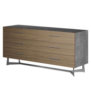 Top in Weathered Concrete, Body in Latte Walnut, Handles and Legs in Brushed Stainless Steel