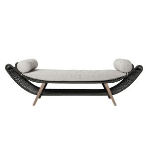 Reverie Outdoor Bench - Feather Gray Fabric, Body in Dark Gray Regatta Cord, Legs in Weathered Eucalyptus