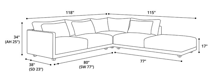  Basel Sectional 1 Left Arm Sofa with Right End Unit Dimensions