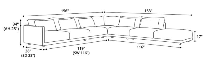  Basel Sectional Large 1 Right Arm Sofa with Left End Unit Dimensions