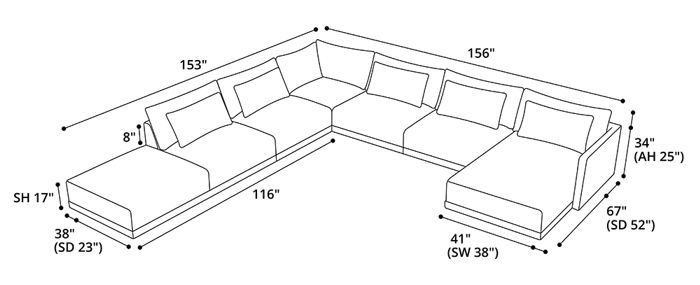 Basel Sectional U Sofa with Right End Unit and Left Chaise Dimensions